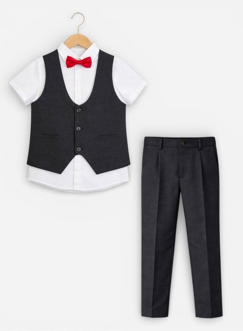 victor and jane Black Waistcoat, Shirt, Trousers & Red Bow Tie Set (3 Years–8 Years) - Image 1